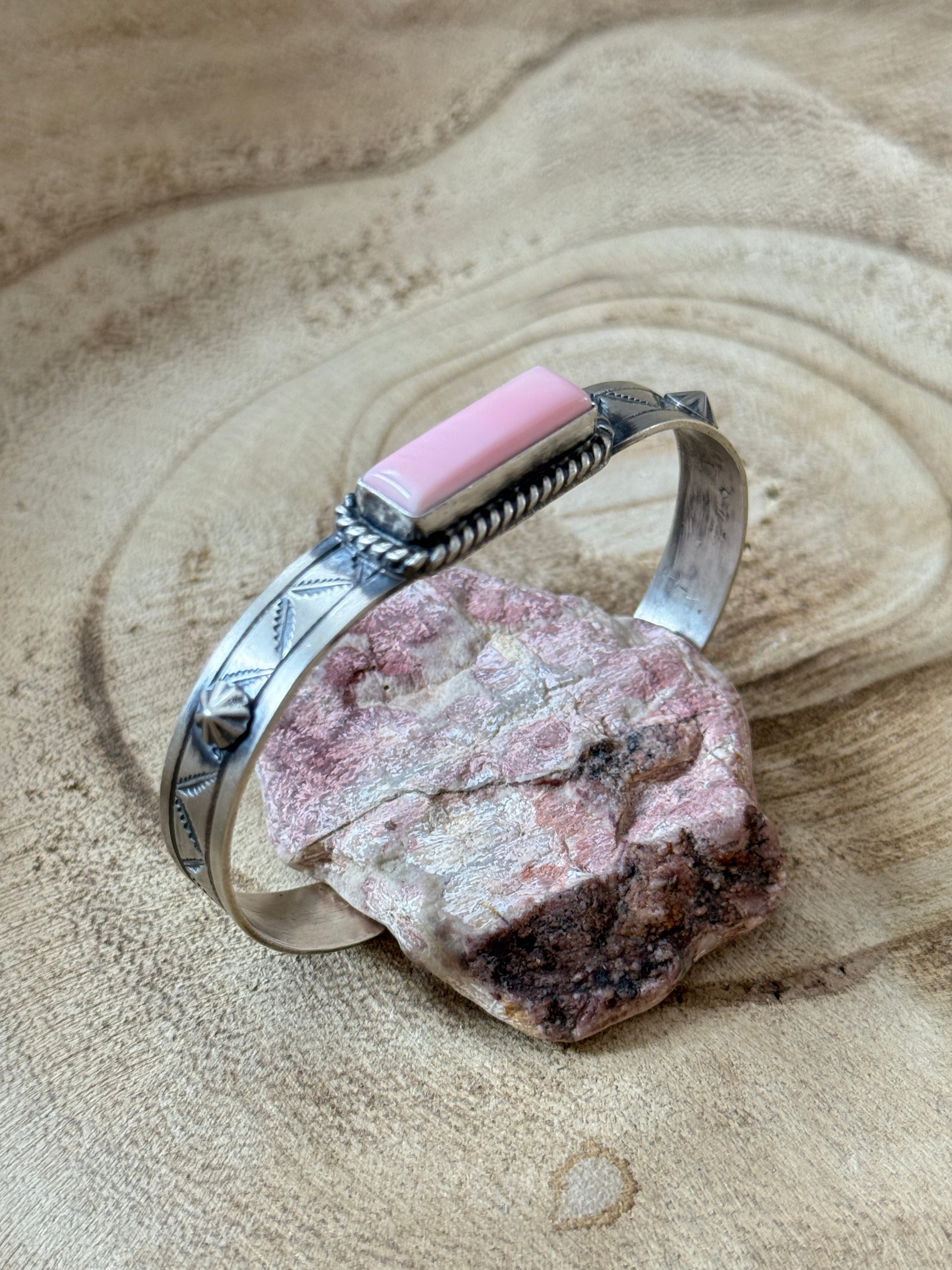 Sterling Silver and Pink Conch Bar Cuffs by Rick Enriquez
