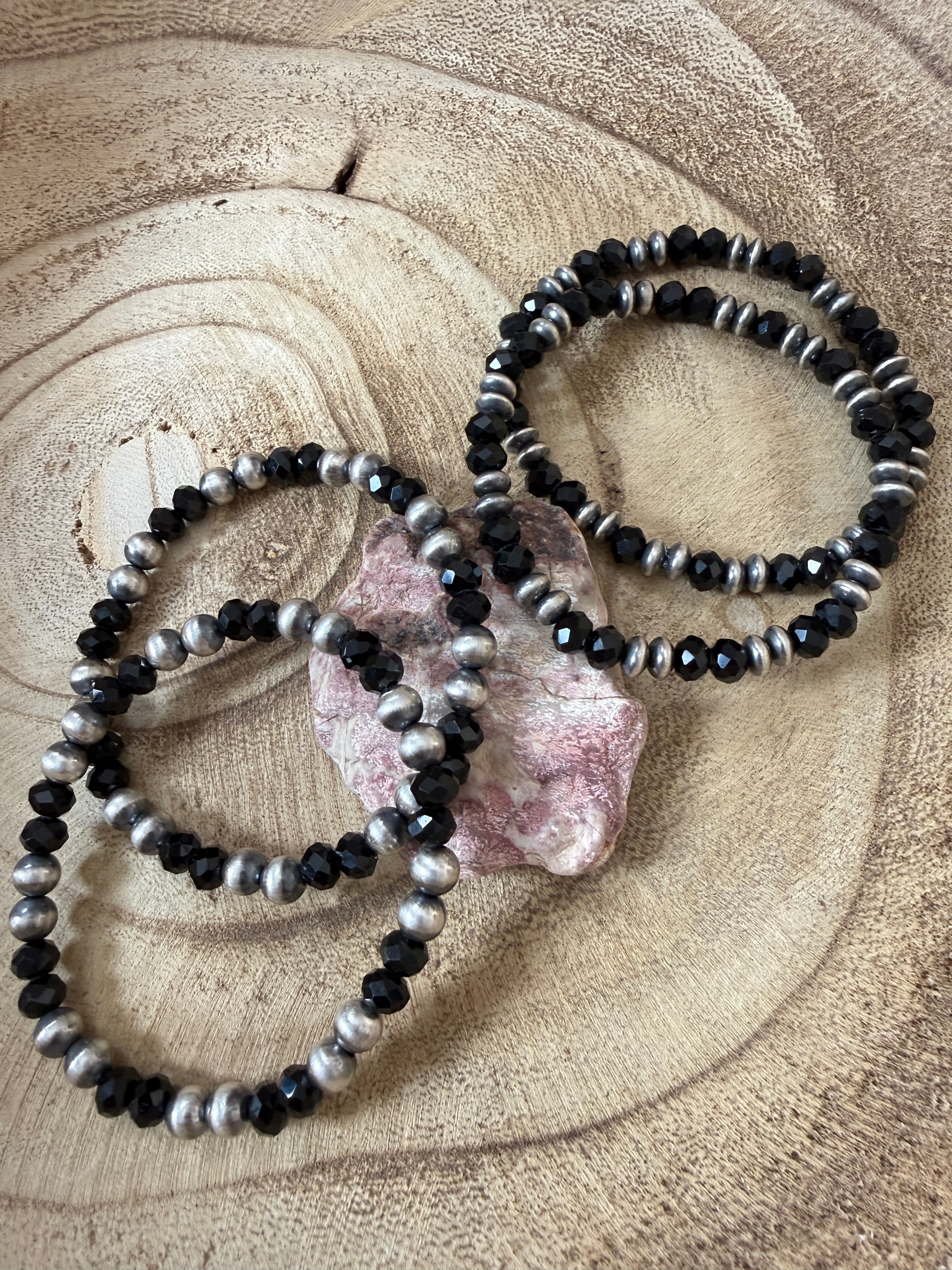 Faceted Black Onyx and Sterling Silver Stretch Bracelets