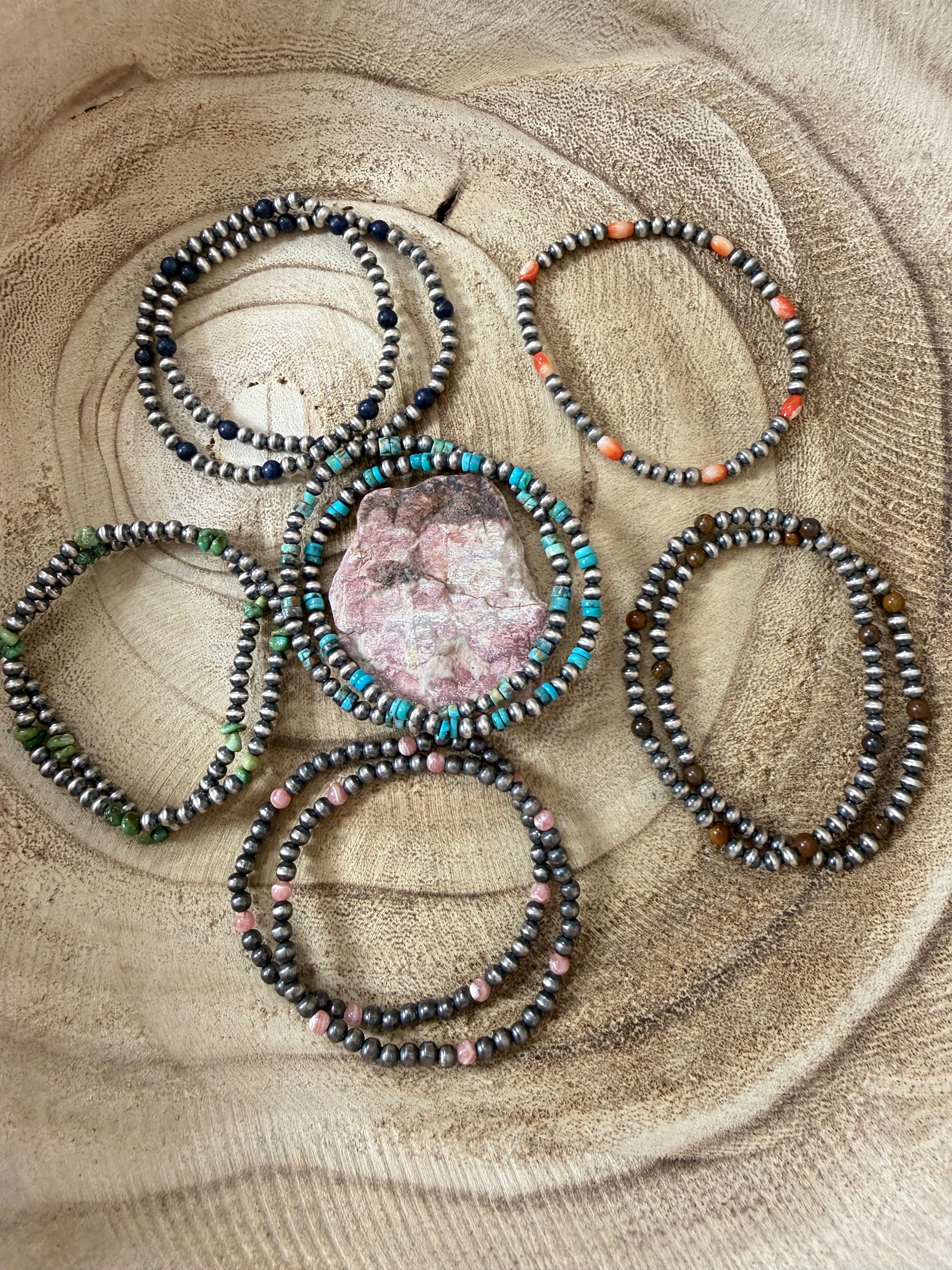 Natural Stone and Sterling Silver Stretch Bracelets