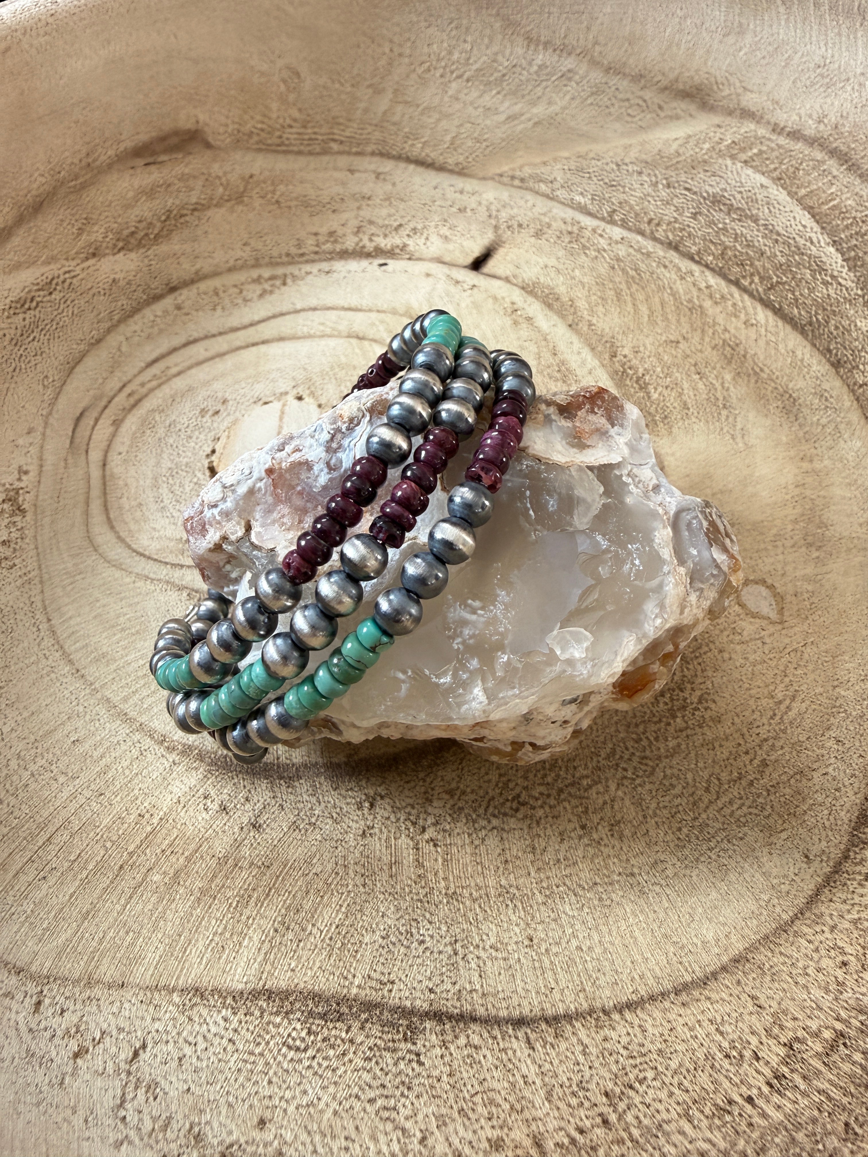 Turquoise and Purple Spiny with Sterling Silver Bead Memory Wire Bracelet
