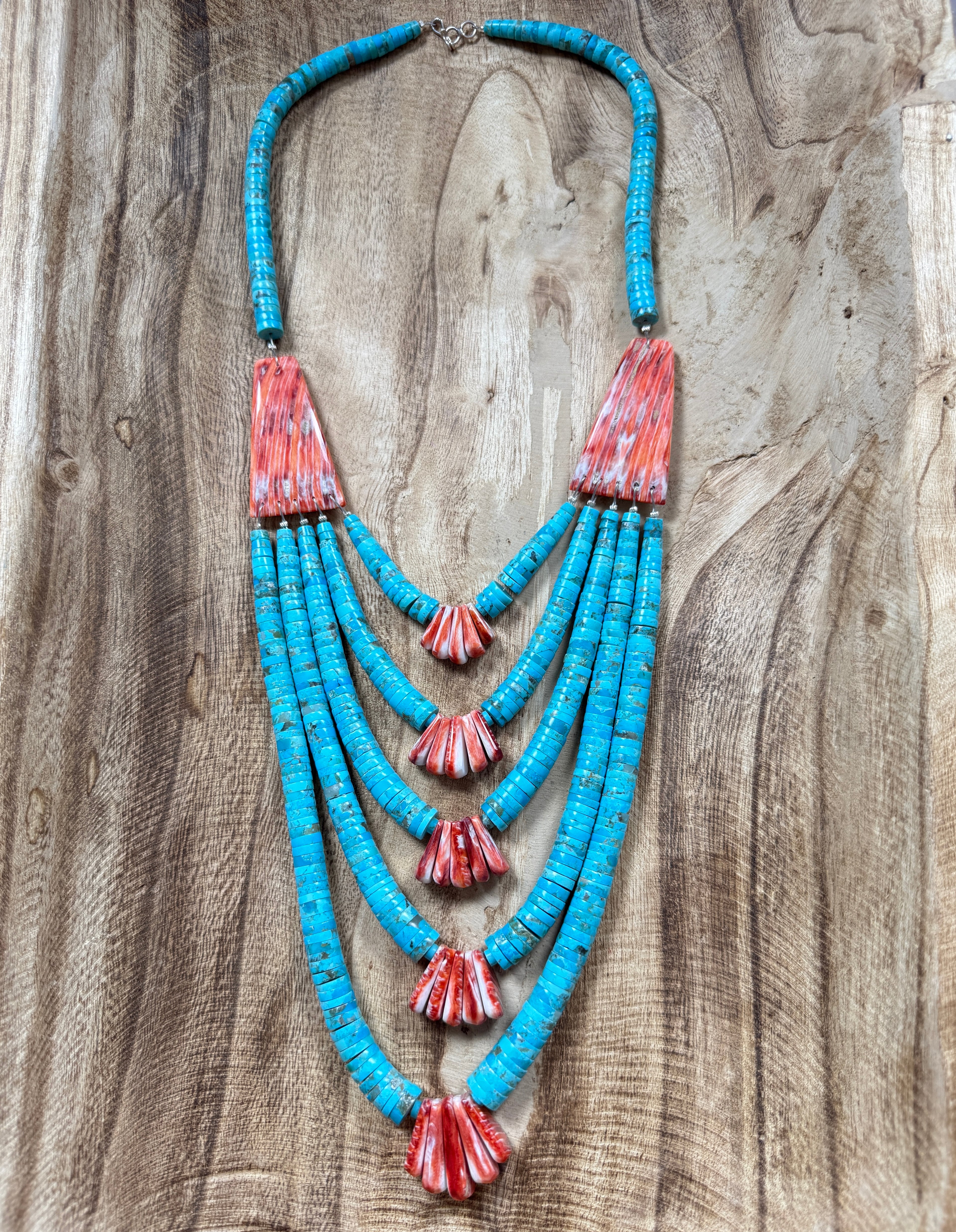 Lupe Lovato Turquoise and Spiny 5 Strand Waterfall Necklace
