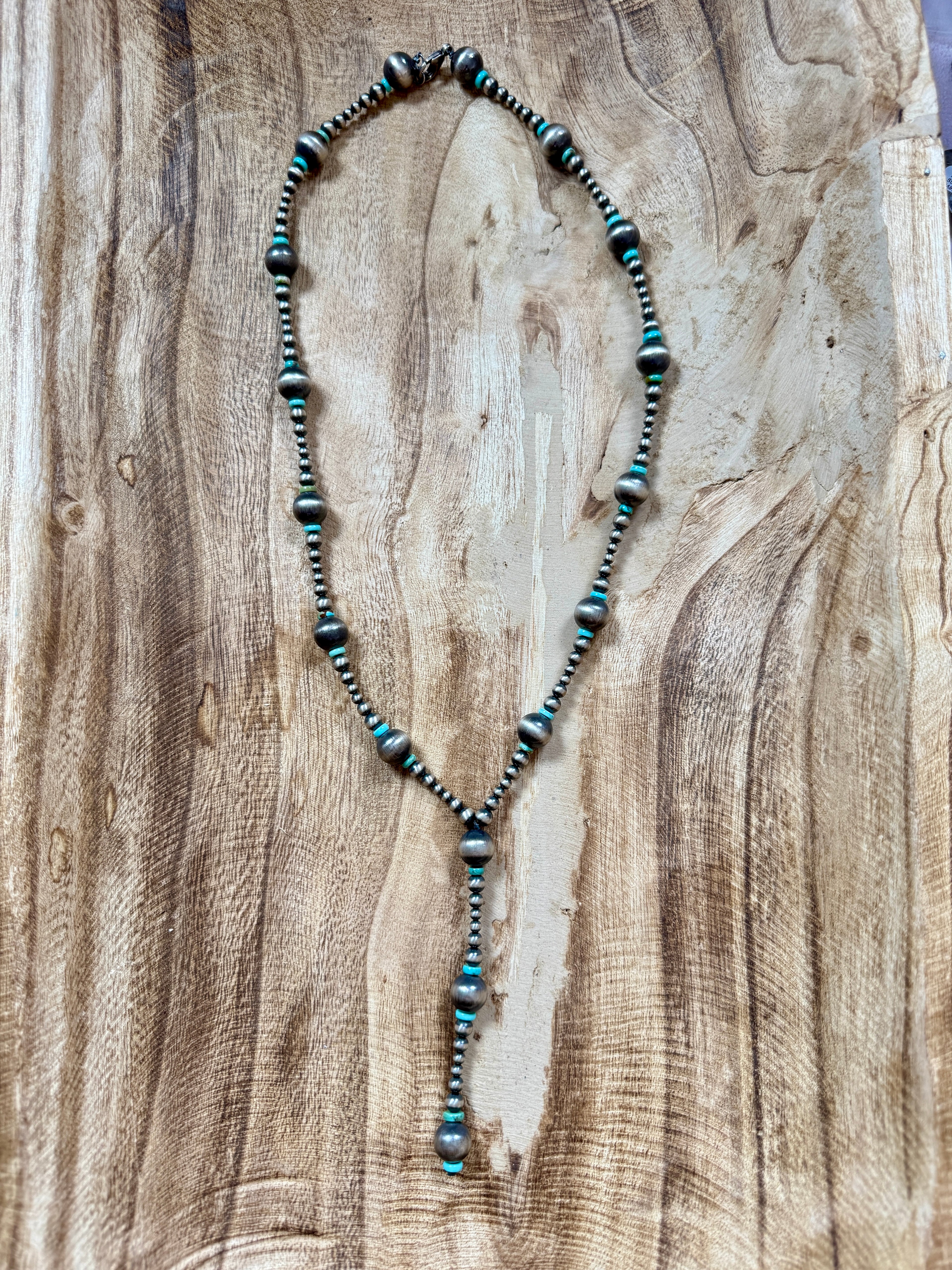 24" Sterling Silver and Turquoise Oxidized Bead Lariat