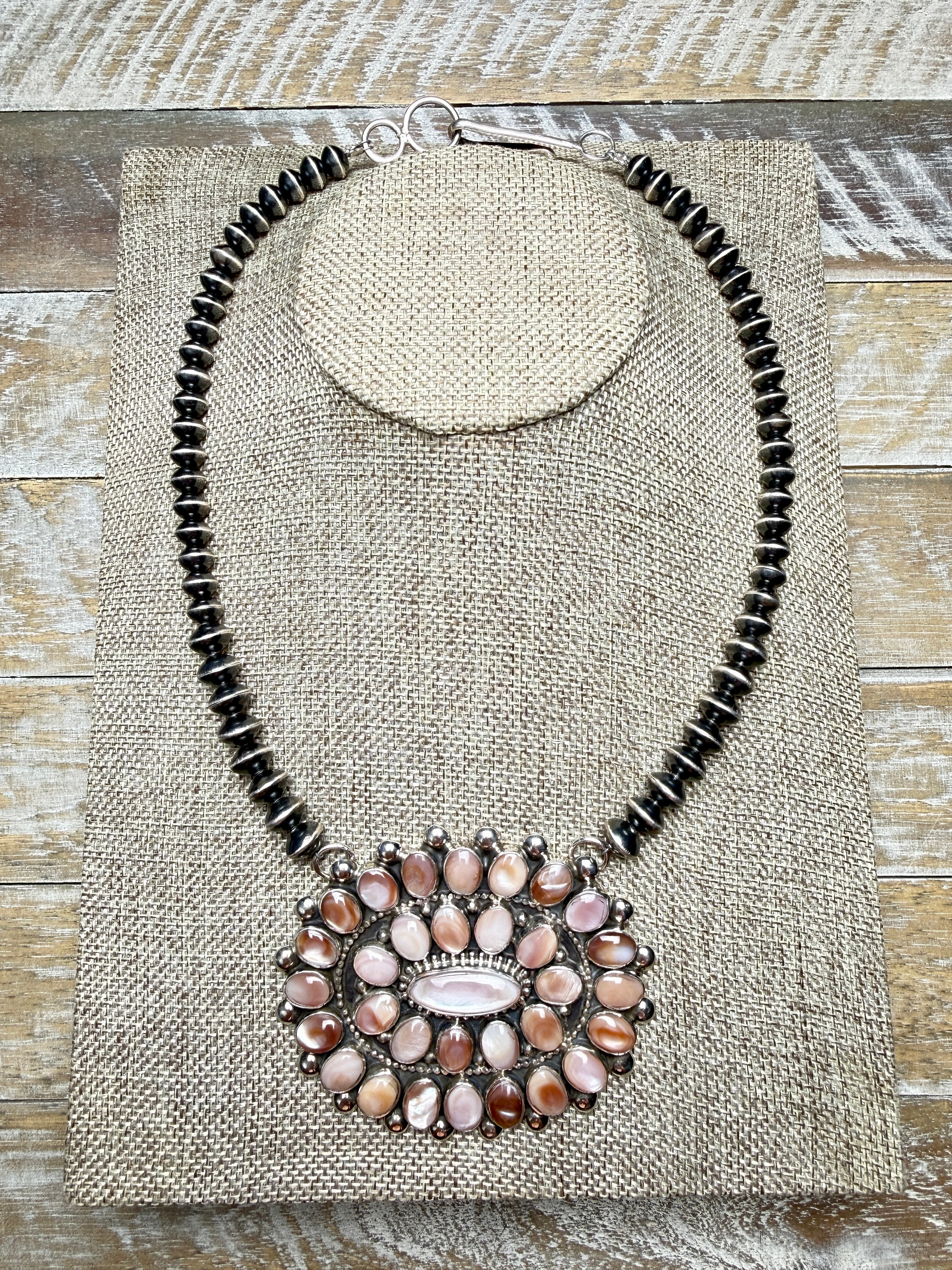 Tonya June Rafael Pink Mother of Pearl GIANT Cluster Necklace on Navajo Pearls