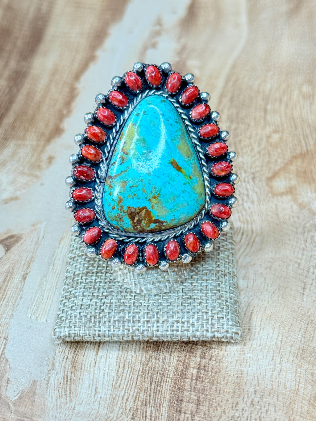 Desert Bloom Ring  Kingman Turquoise & Red Spiny Oyster | Adjustable Sterling Silver