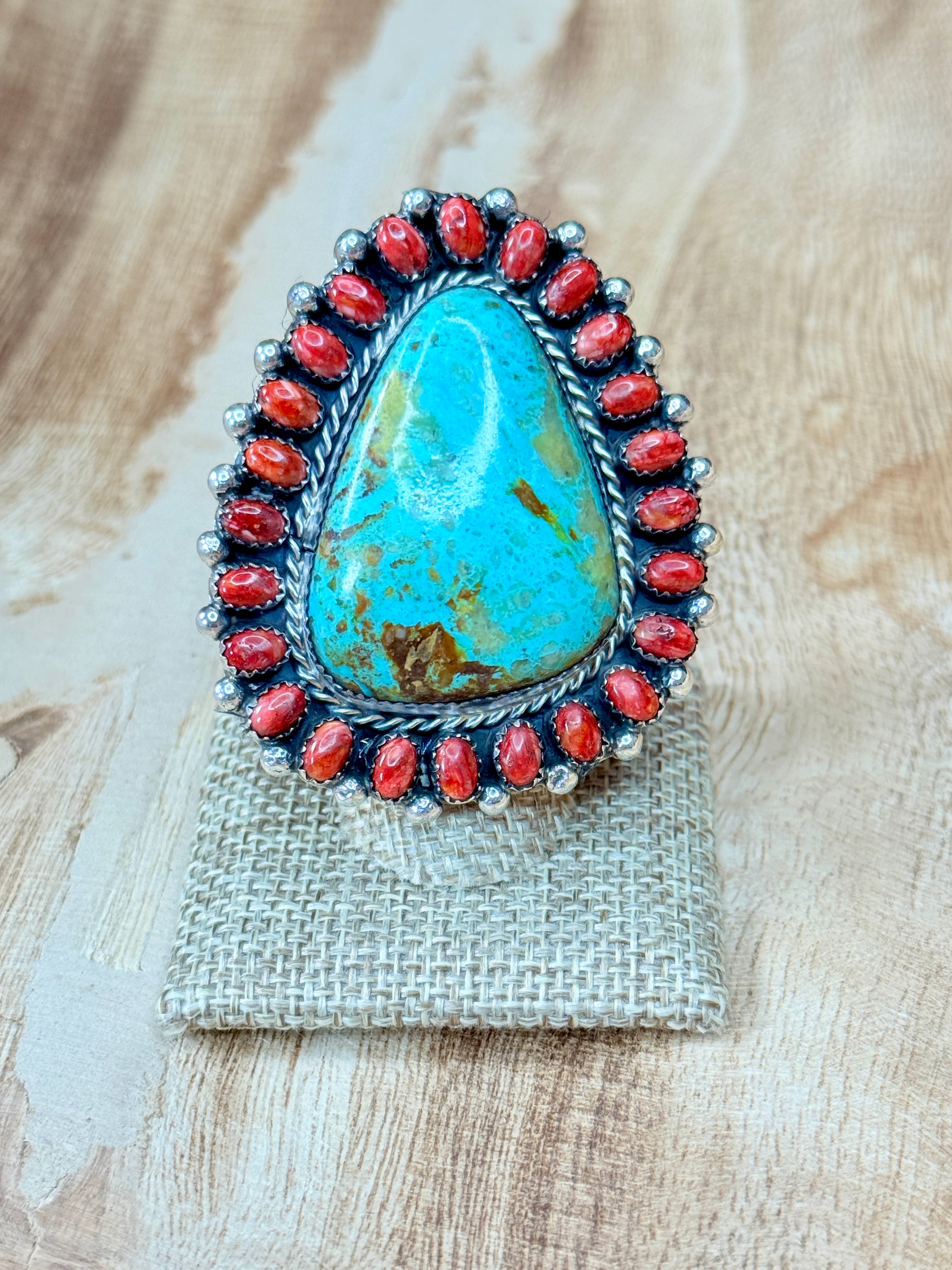 Desert Bloom Ring  Kingman Turquoise & Red Spiny Oyster | Adjustable Sterling Silver
