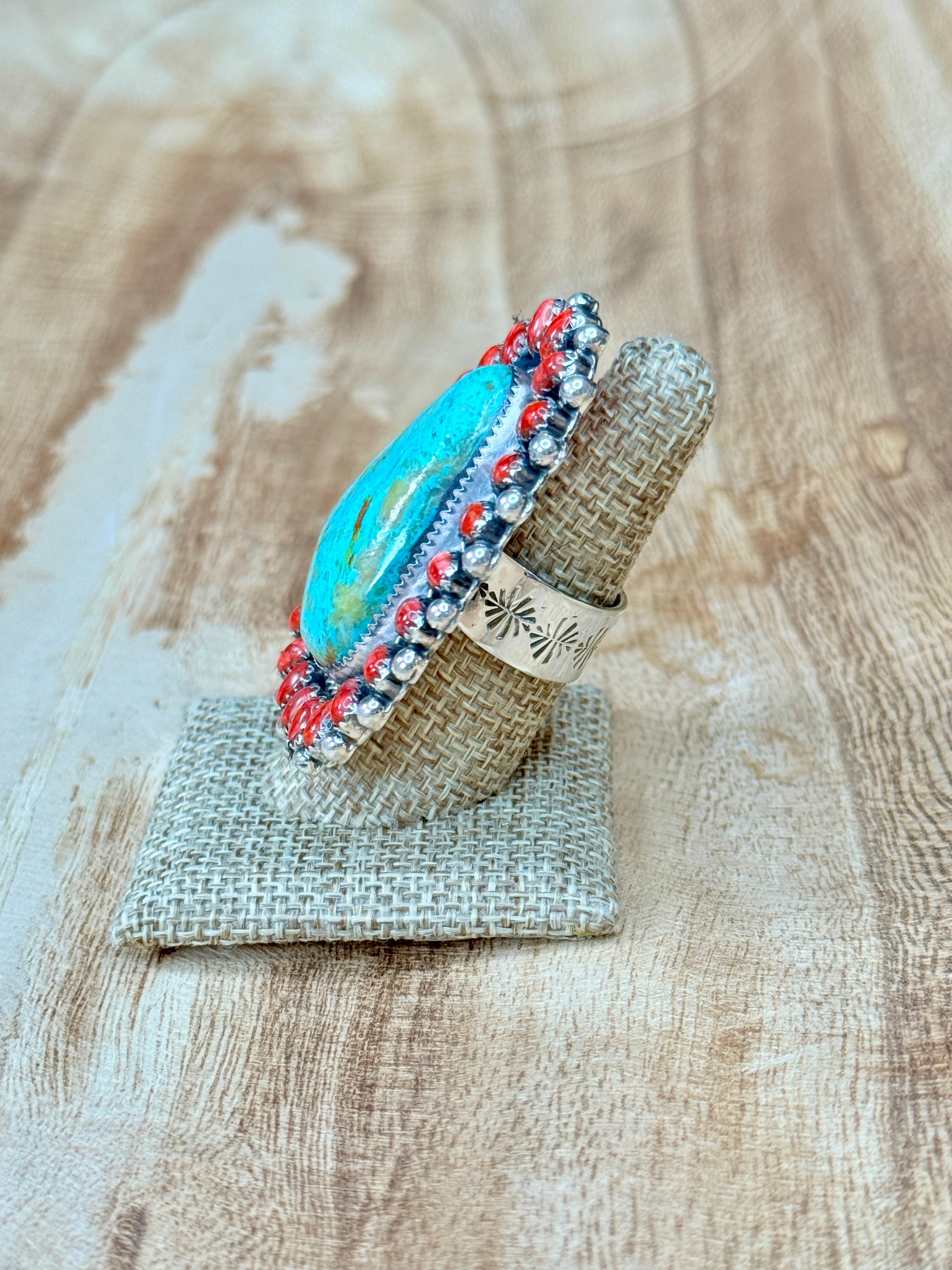 Desert Bloom Ring  Kingman Turquoise & Red Spiny Oyster | Adjustable Sterling Silver