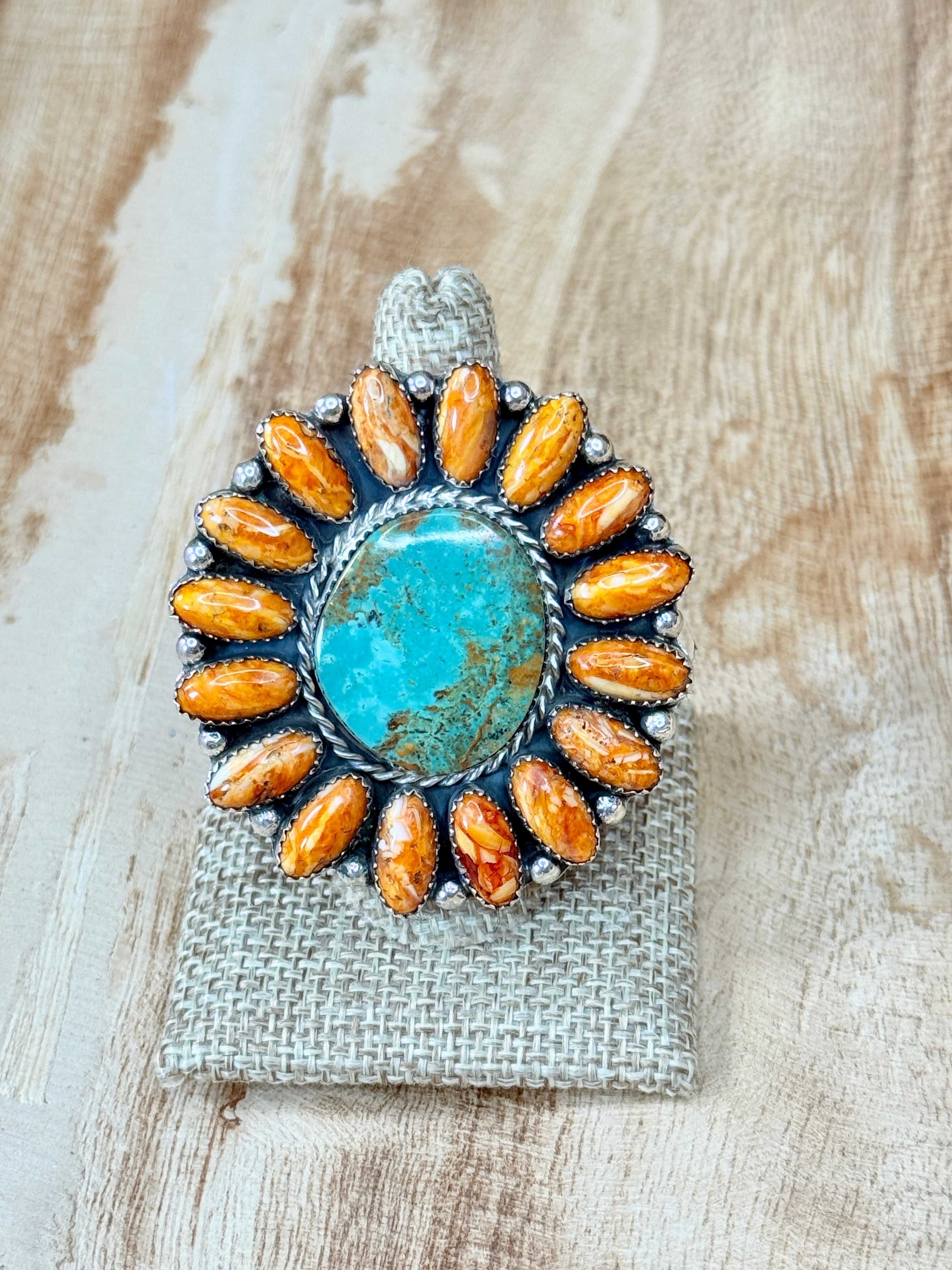 Golden Mesa Ring  Kingman Turquoise & Orange Spiny Oyster | Adjustable Sterling Silver