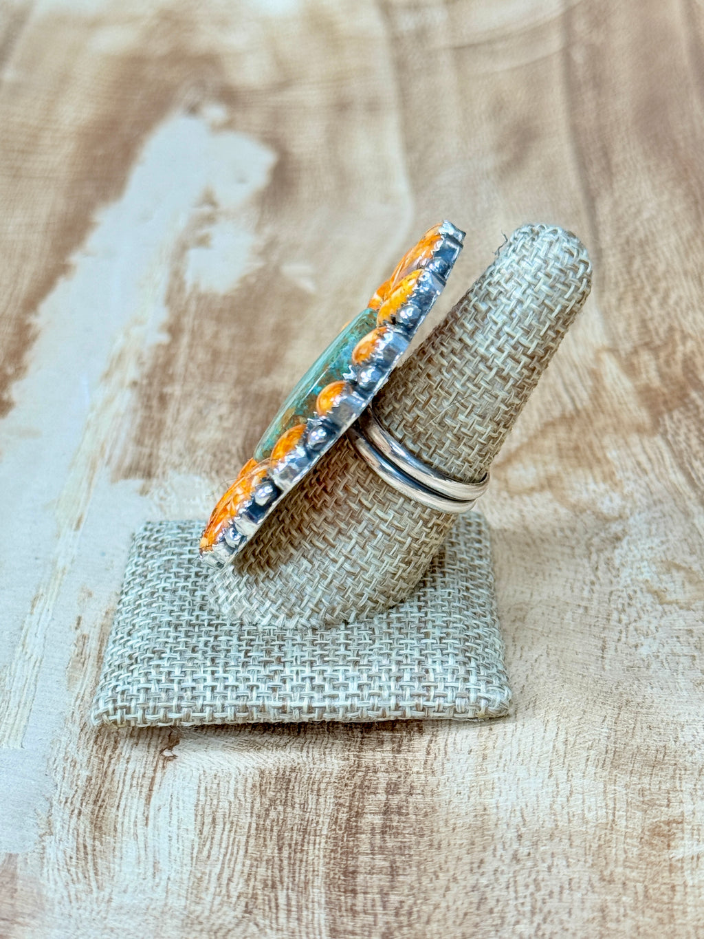 Golden Mesa Ring  Kingman Turquoise & Orange Spiny Oyster | Adjustable Sterling Silver