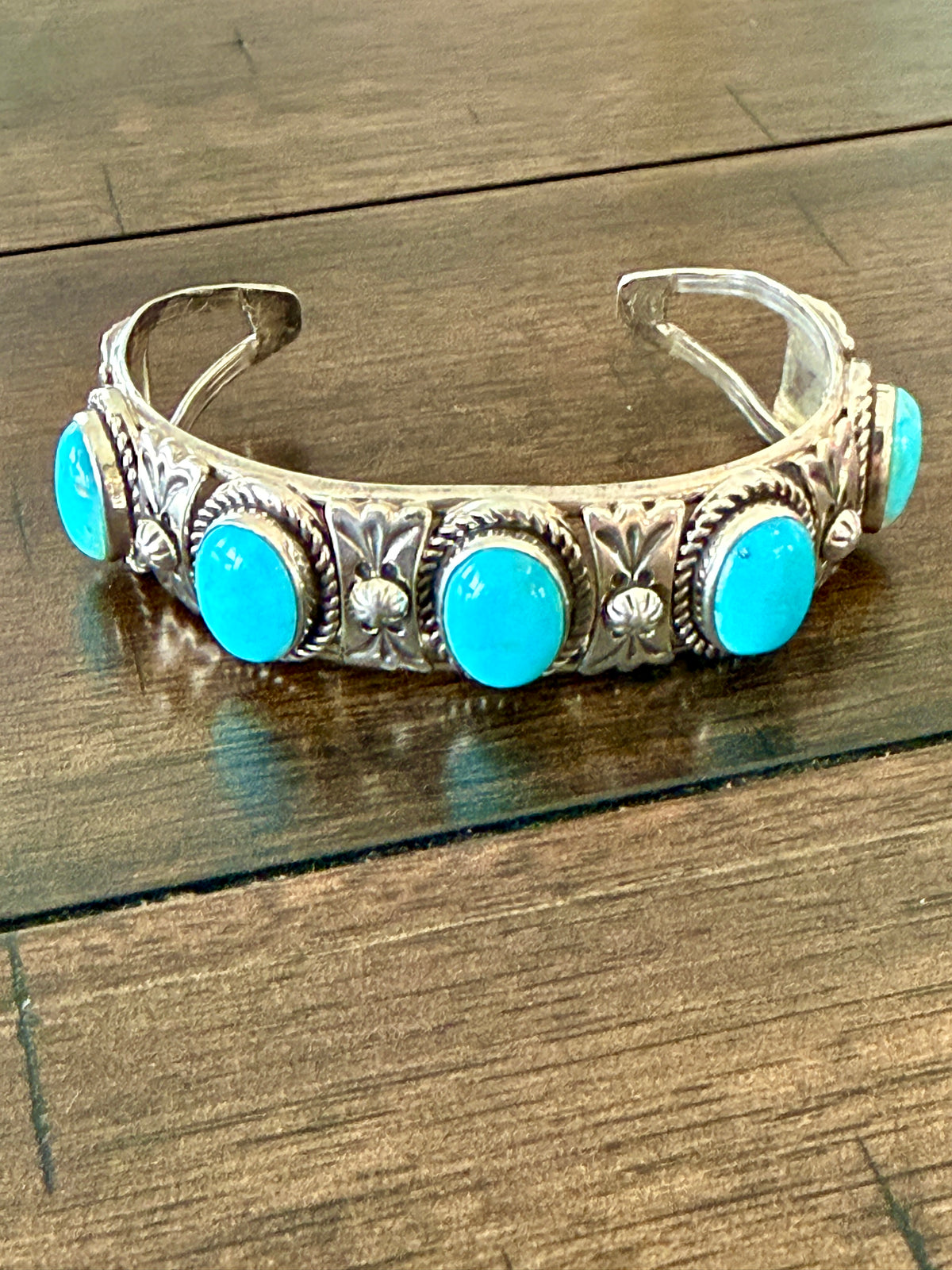 Mary and Everette Teller Five Stone Turquoise Sterling Silver Cuff