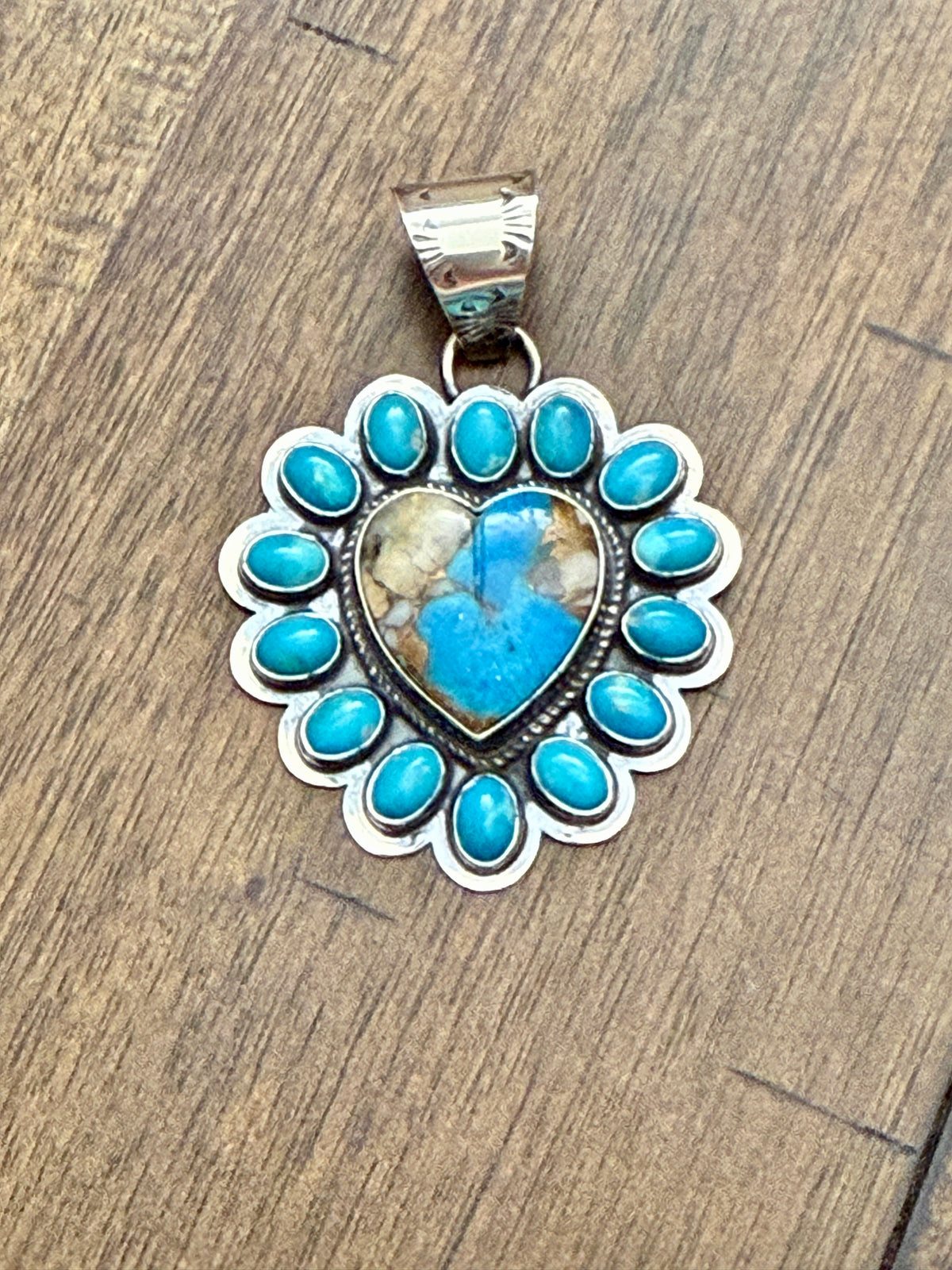 Mary and Everette Teller Kingman and Mohave Turquoise Heart Pendant