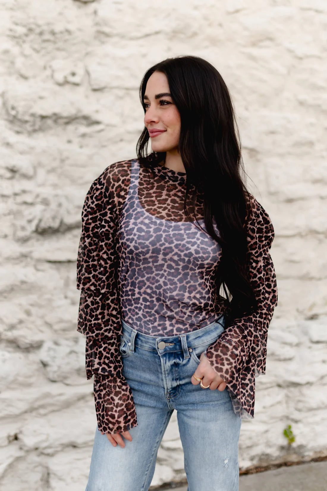 Cheetah Mesh Ruffle Sleeve Top