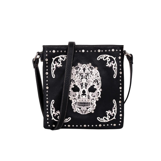 Black crossbody bag with skull design and decorative elements on a white background