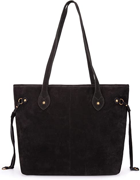 Black suede handbag with drawstring on a white background