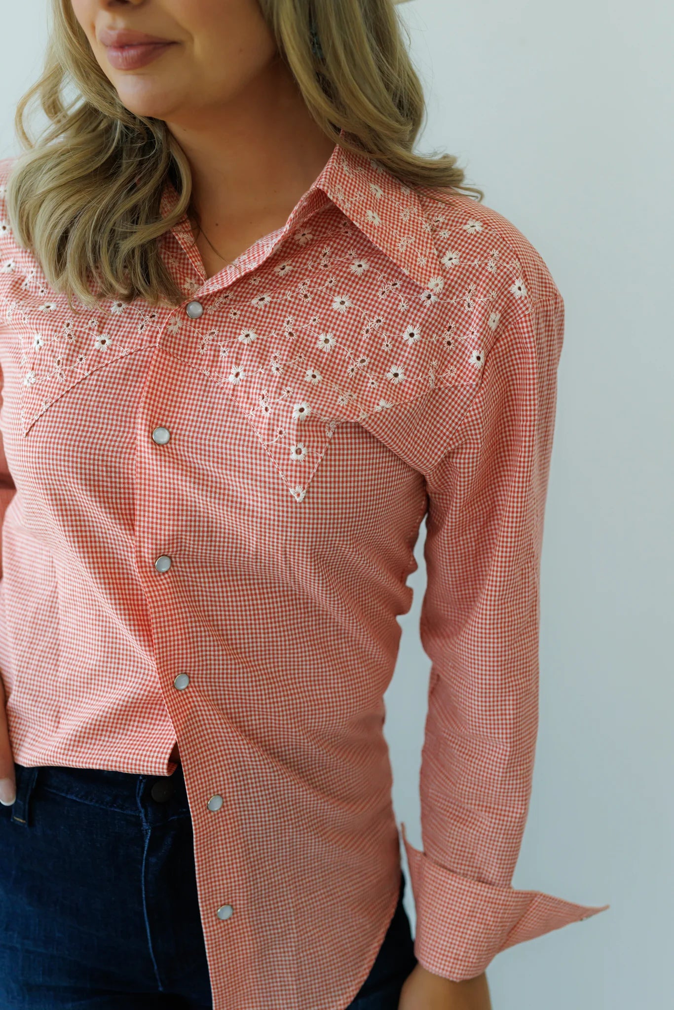Pearl Snap, Red Eyelet Shirt