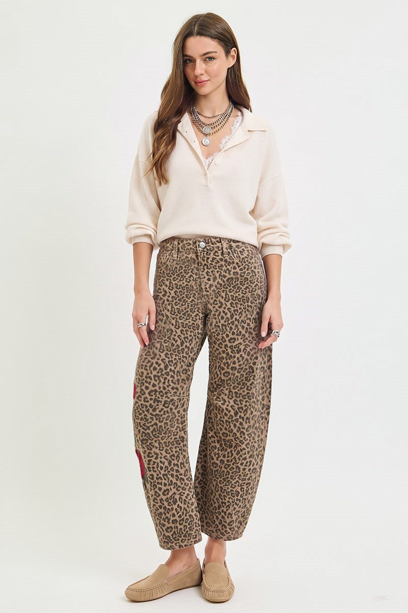Risen Brand - Slouchy Barrel Rose Embroidered Leopard Print Pants