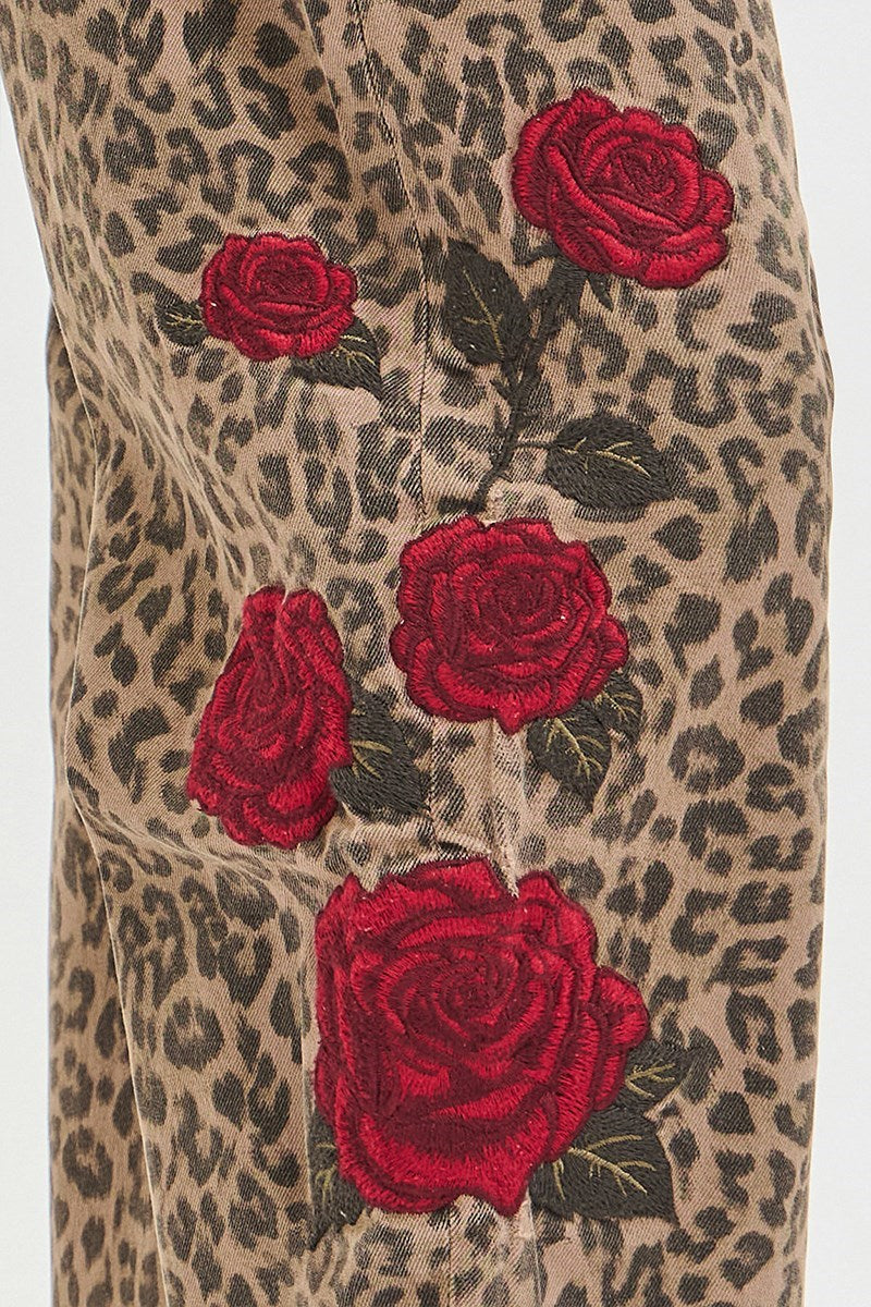 Risen Brand - Slouchy Barrel Rose Embroidered Leopard Print Pants