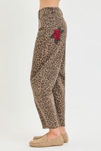 Risen Brand - Slouchy Barrel Rose Embroidered Leopard Print Pants