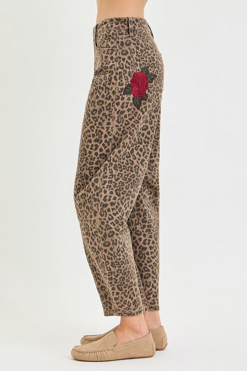 Risen Brand - Slouchy Barrel Rose Embroidered Leopard Print Pants