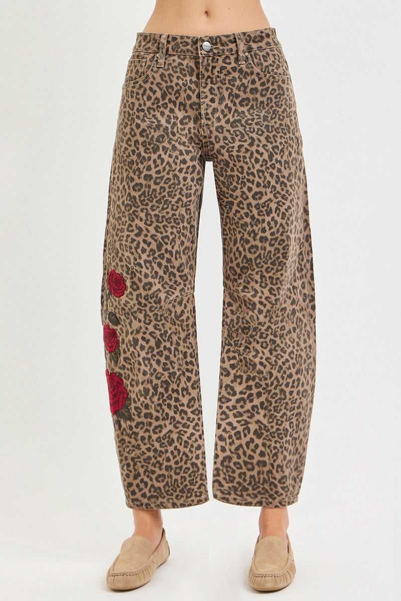 Risen Brand - Slouchy Barrel Rose Embroidered Leopard Print Pants