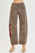 Risen Brand - Slouchy Barrel Rose Embroidered Leopard Print Pants