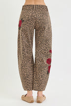 Risen Brand - Slouchy Barrel Rose Embroidered Leopard Print Pants
