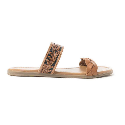 A brown leather sandal with dual straps featuring a tooled pattern and braided detailing, on a cushioned footbed.