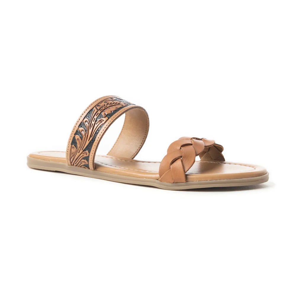A brown leather sandal with dual straps featuring a tooled pattern and braided detailing, on a cushioned footbed.