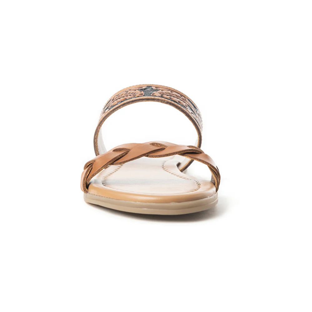 A brown leather sandal with dual straps featuring a tooled pattern and braided detailing, on a cushioned footbed.