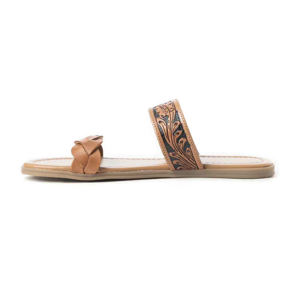 A brown leather sandal with dual straps featuring a tooled pattern and braided detailing, on a cushioned footbed.