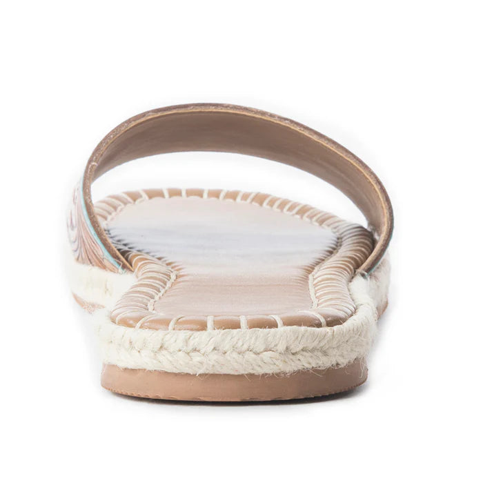 a pair of slides with tooled leather upper and turquoise accents back view