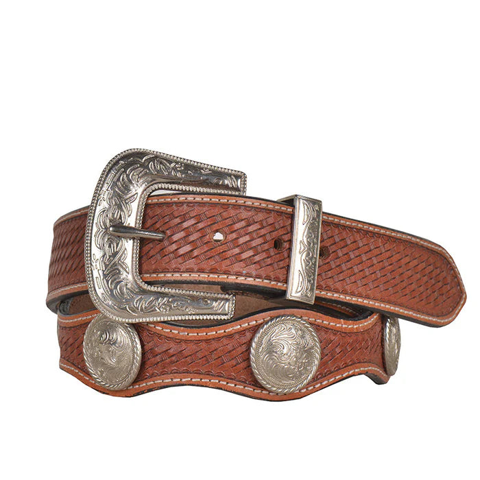 A brown, hand-tooled leather belt with a silver-colored classic buckle and concho details.