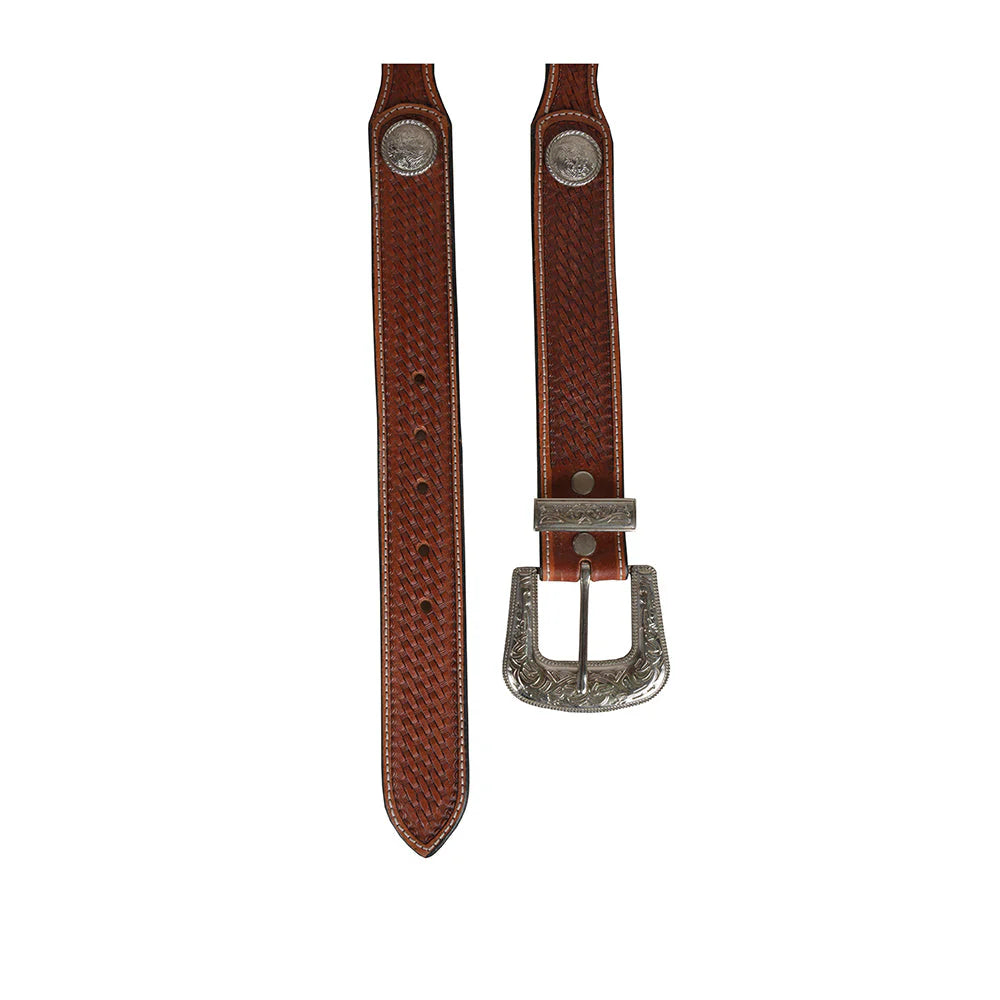 A brown, hand-tooled leather belt with a silver-colored classic buckle and concho details.