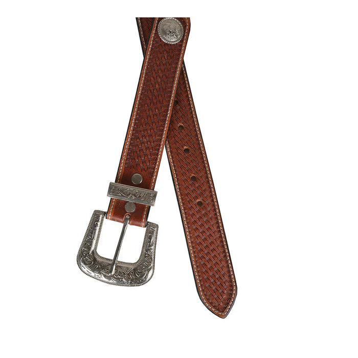A brown, hand-tooled leather belt with a silver-colored classic buckle and concho details.