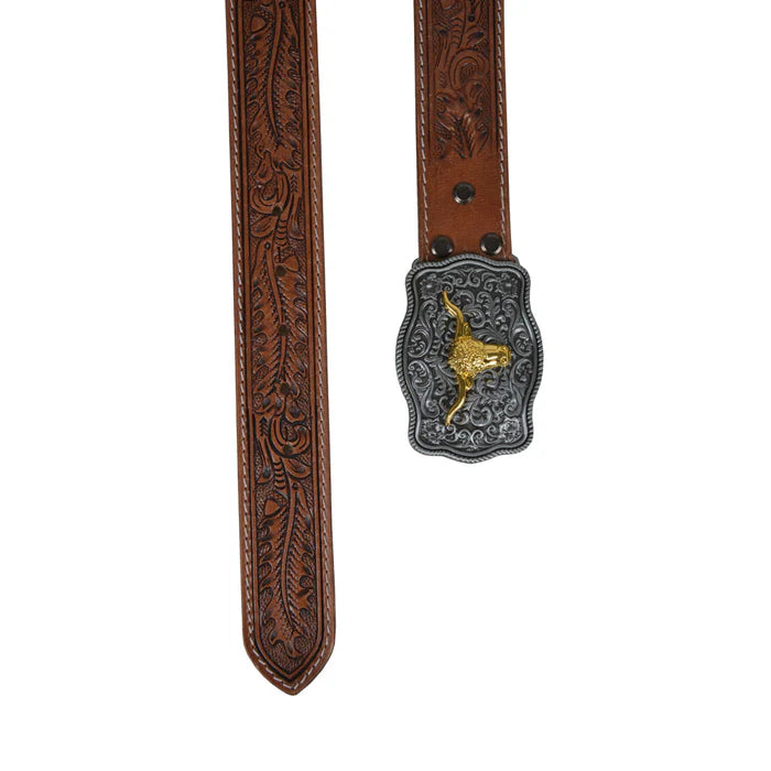 A chocolate brown hand-tooled leather belt with a decorative silver buckle featuring a longhorn design.
