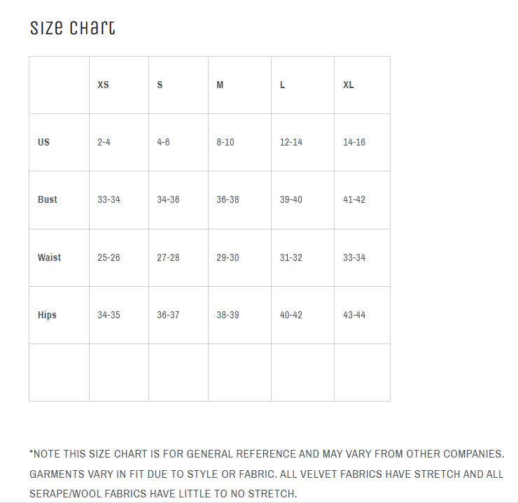 Size chart for clothing measurements in US, XS to XL