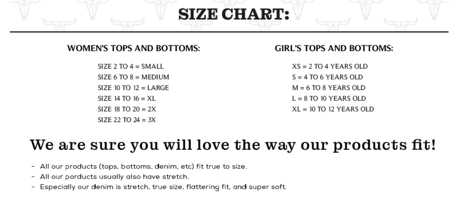Size chart for women's and girls' tops and bottoms with age ranges.