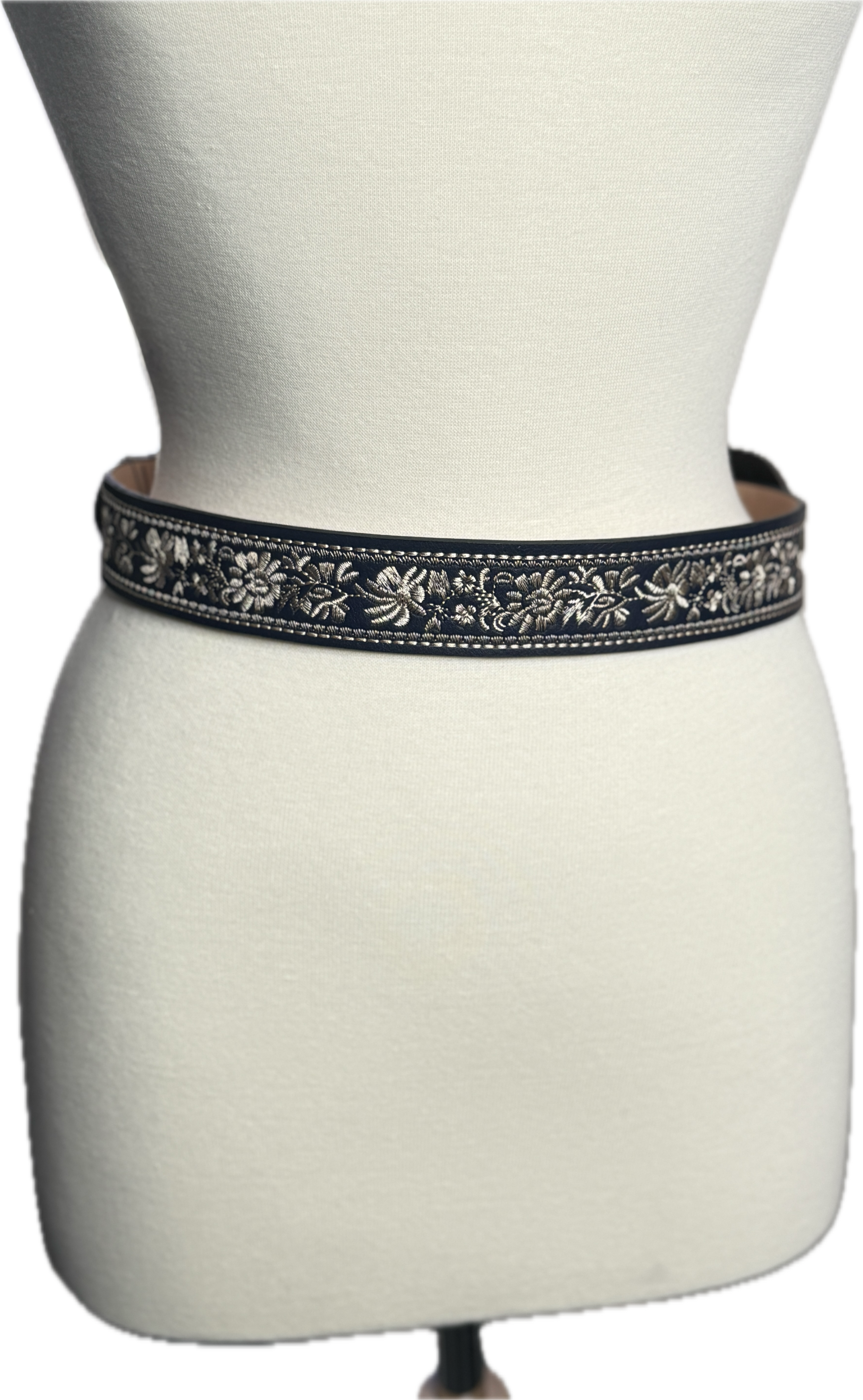 Floral Embroidered Leather Belt with Interchangeable Buckle