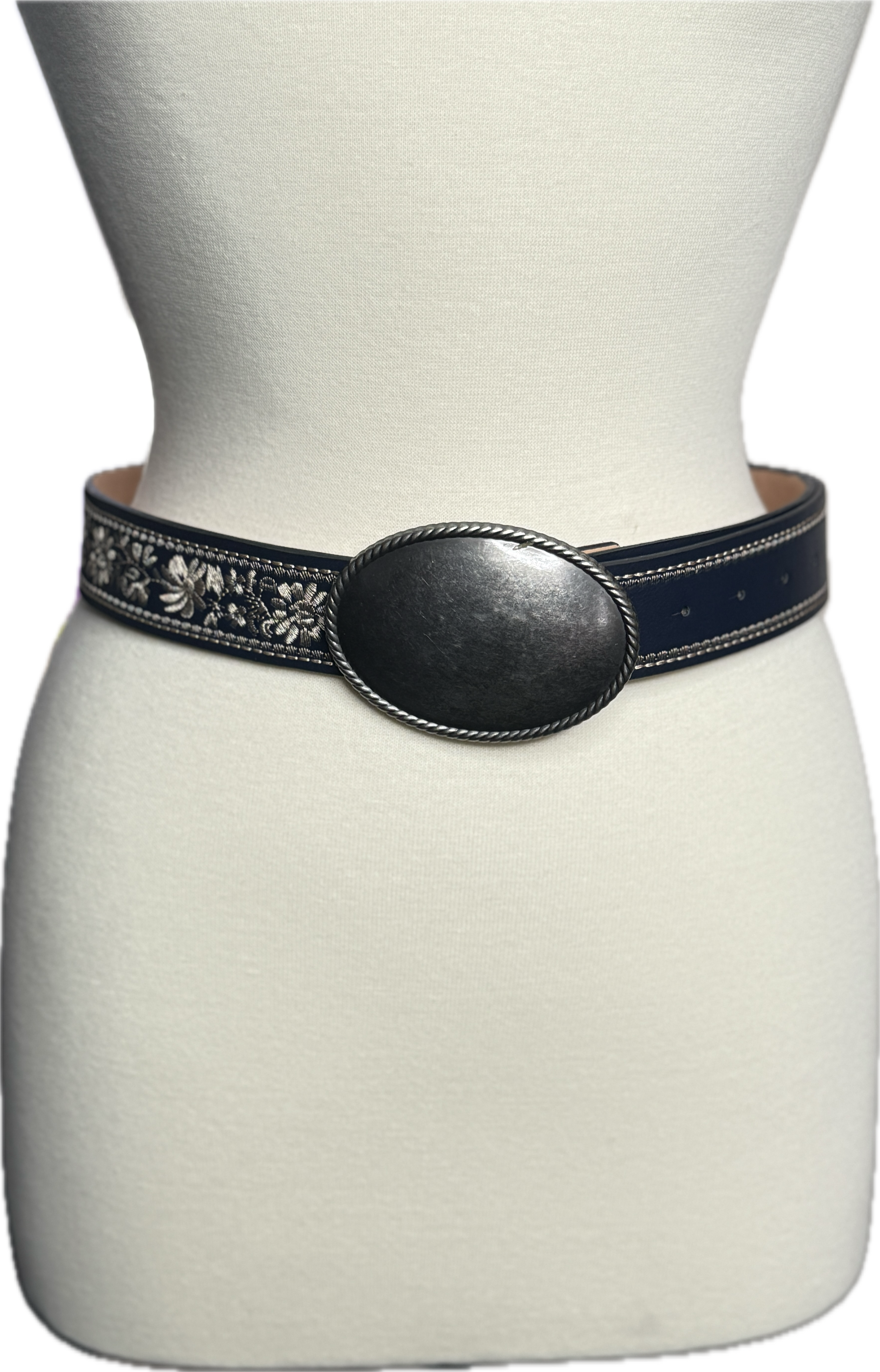 Floral Embroidered Leather Belt with Interchangeable Buckle