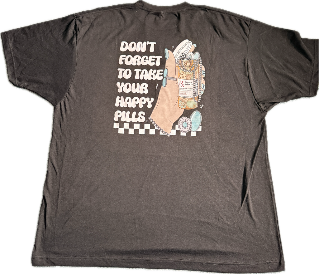 Gray t-shirt with a graphic and text on the back, displayed against a white background.