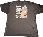 Gray t-shirt with a graphic and text on the back, displayed against a white background.
