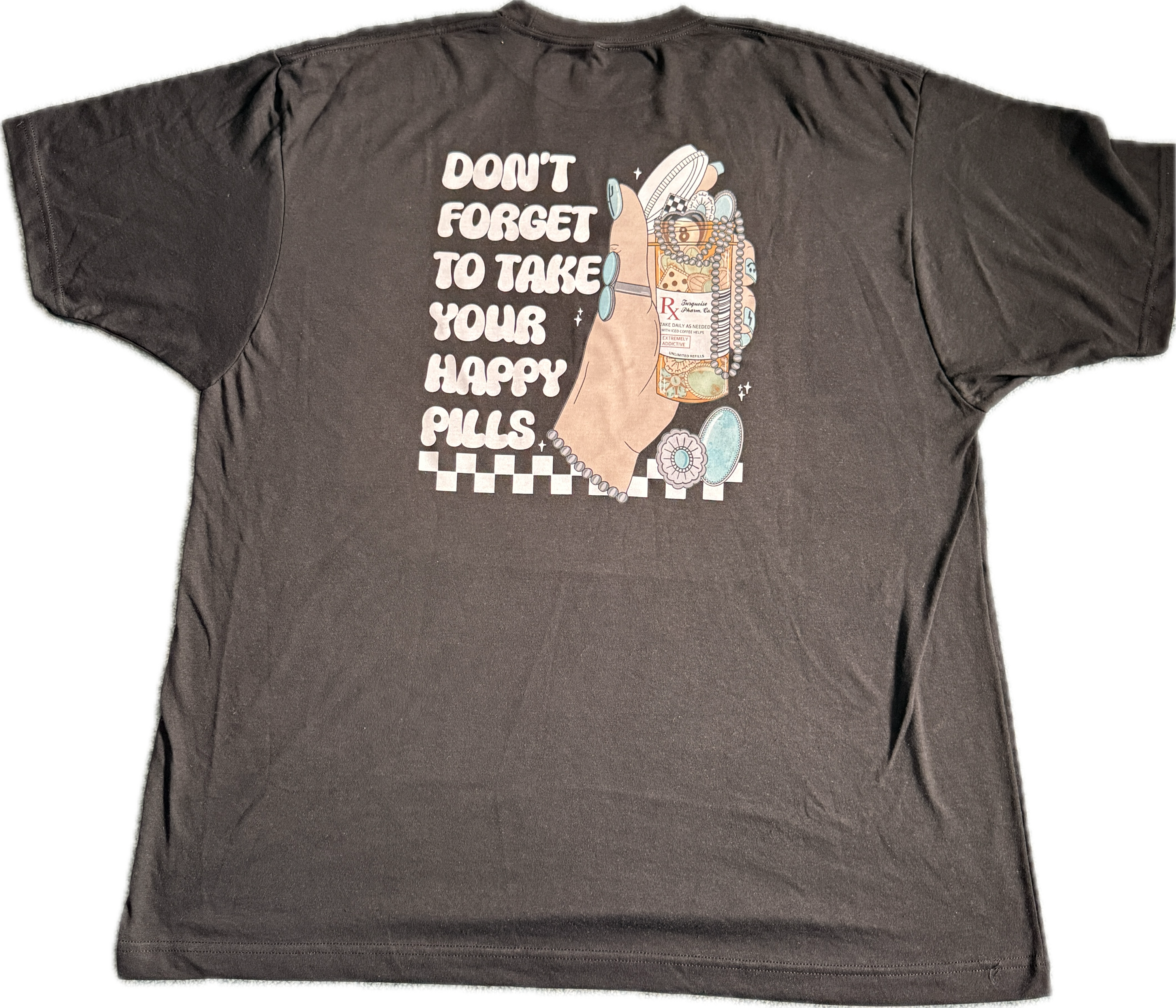 Gray t-shirt with a graphic and text on the back, displayed against a white background.