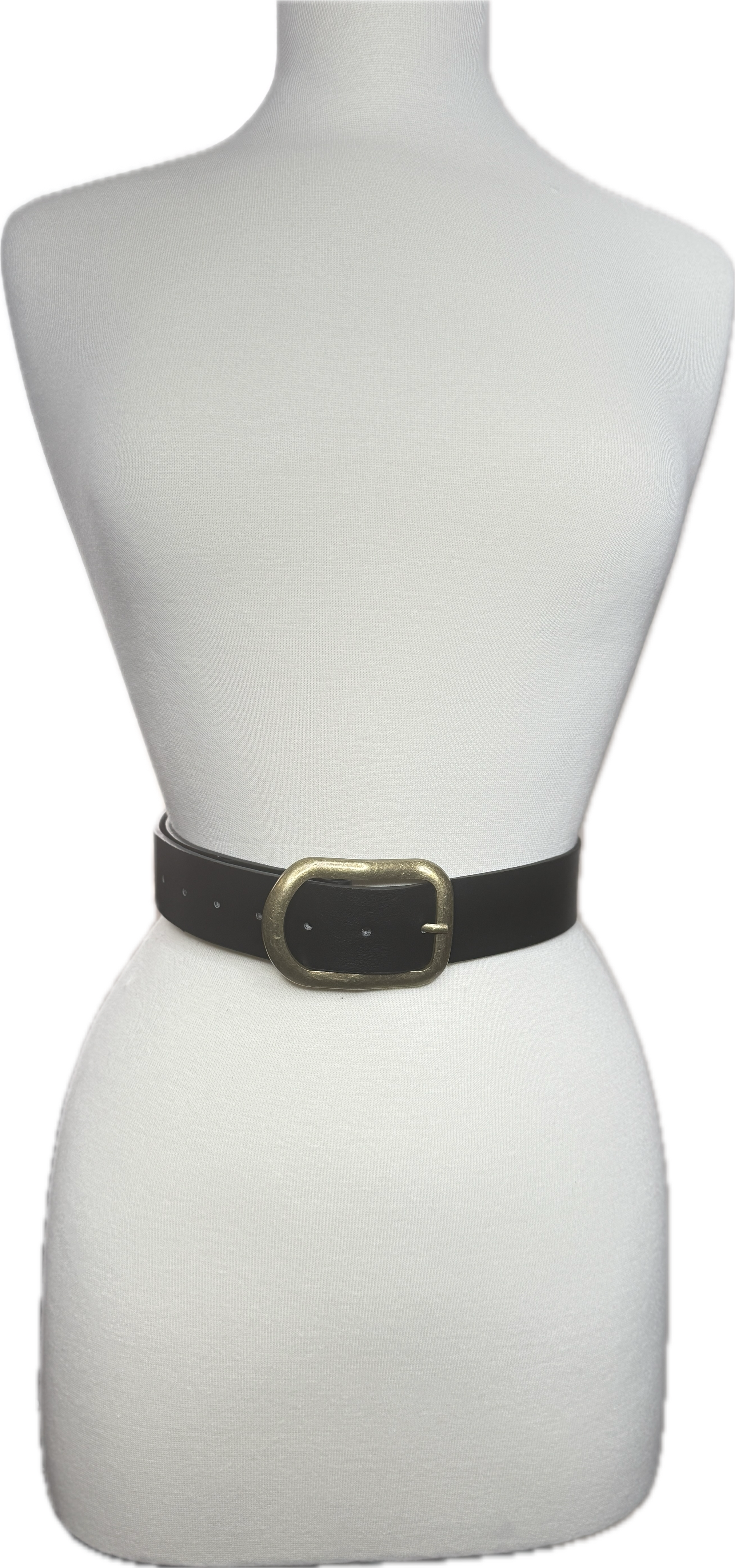 Black belt with a gold buckle on a mannequin against a white background