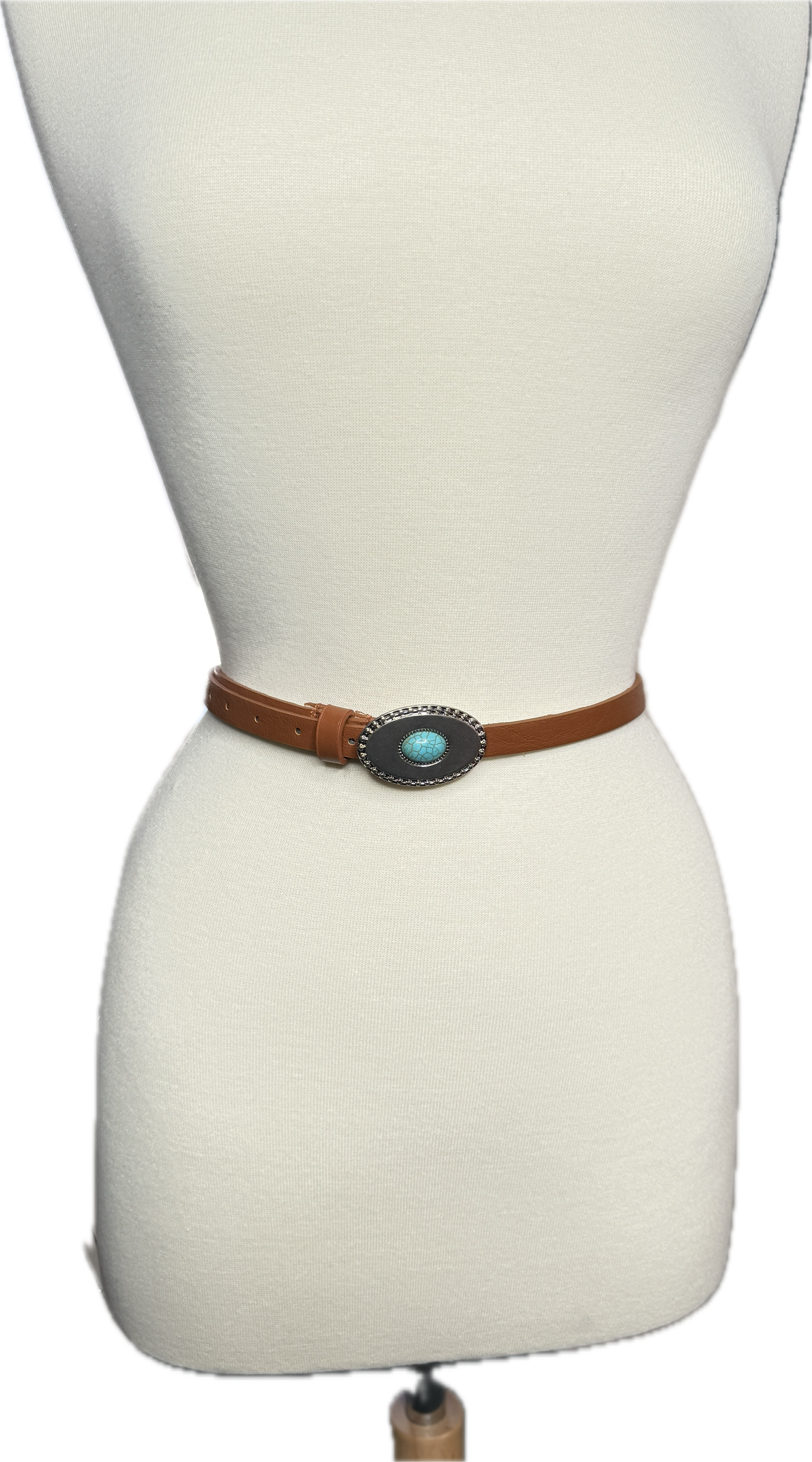 Mannequin wearing a brown belt with a turquoise buckle on a white background
