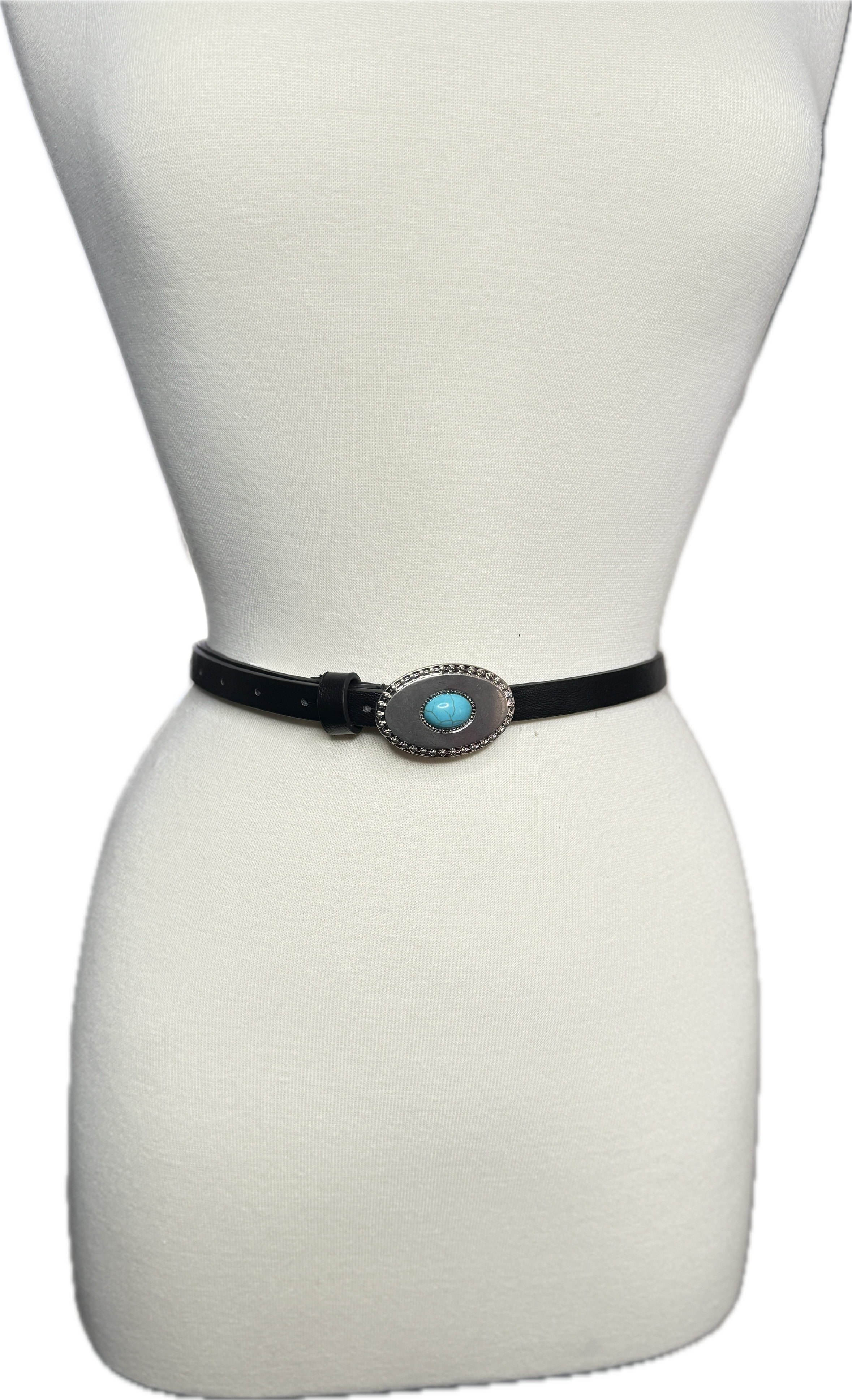 Black belt with a turquoise buckle on a mannequin against a white background