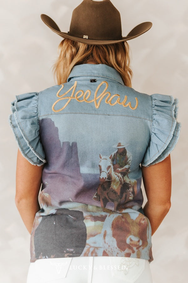 Yeehaw Ruffle Sleeve Western Top