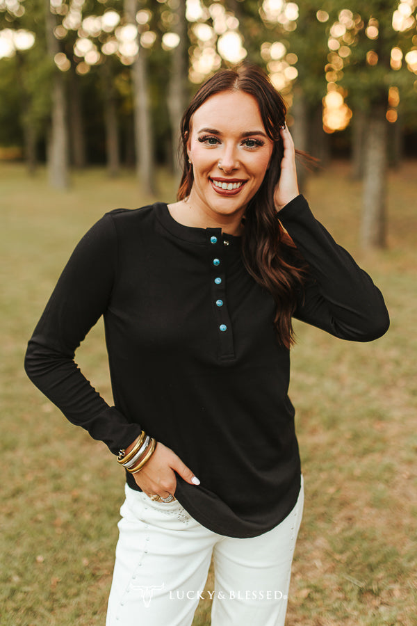 Black Western Snap Henley