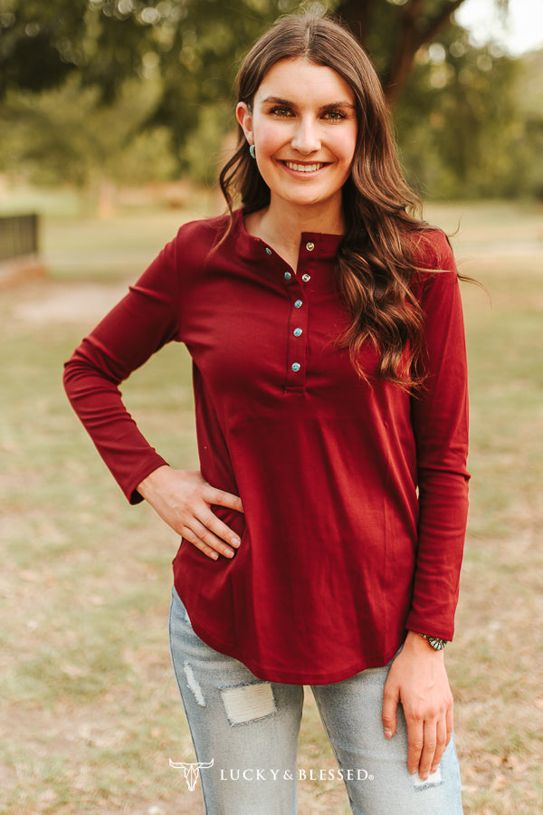 Burgundy Western Snap Henley