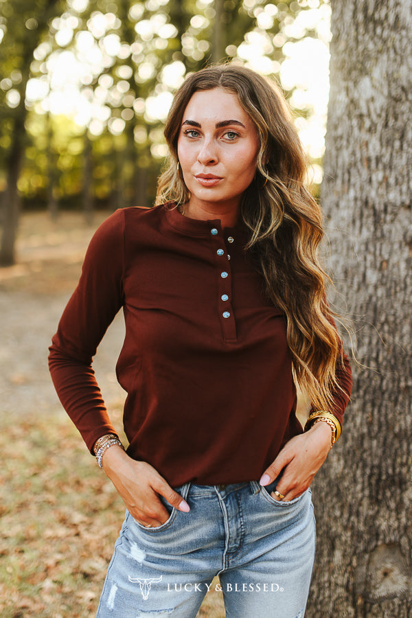 Brown Western Snap Henley