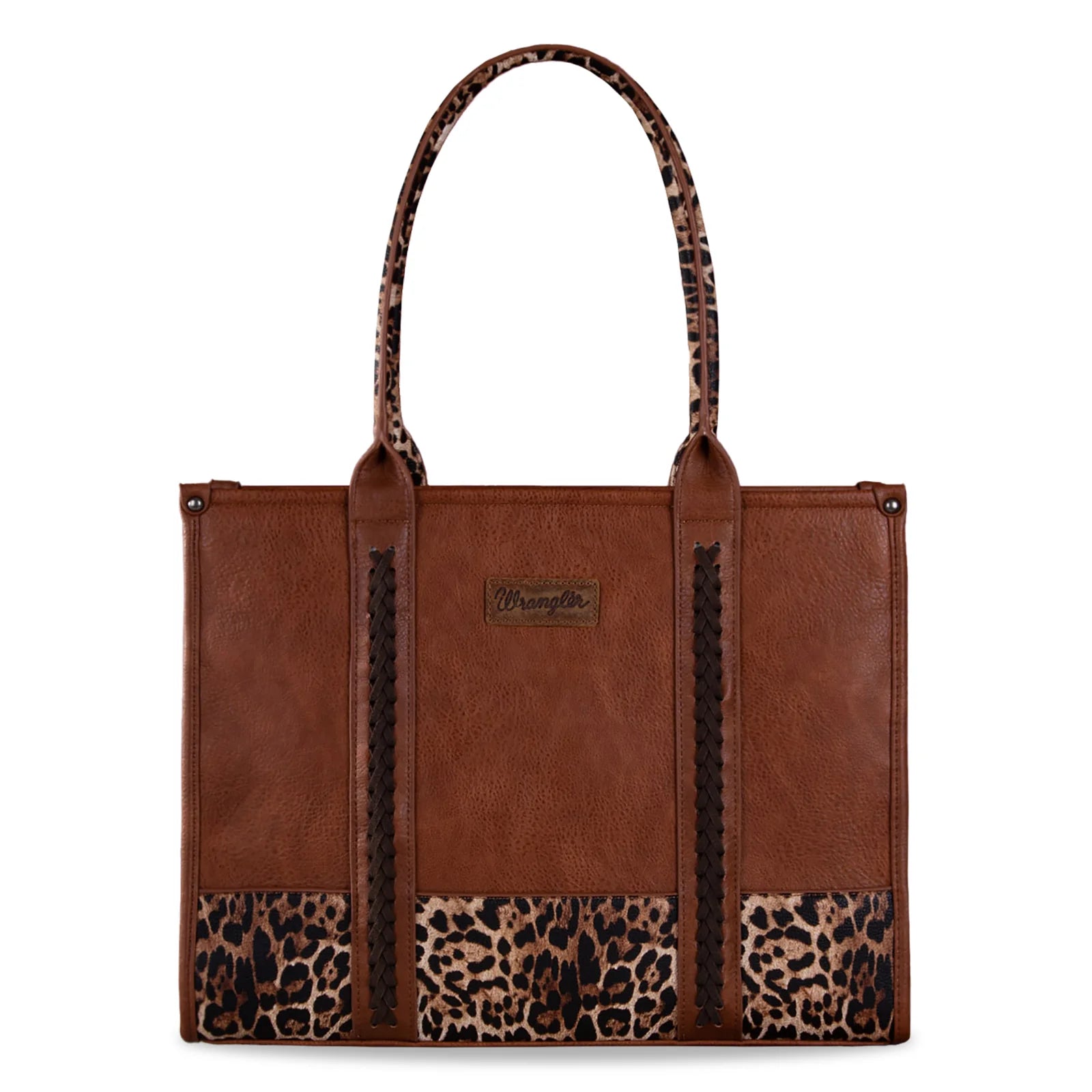 Brown tote bag with leopard print accents on a white background