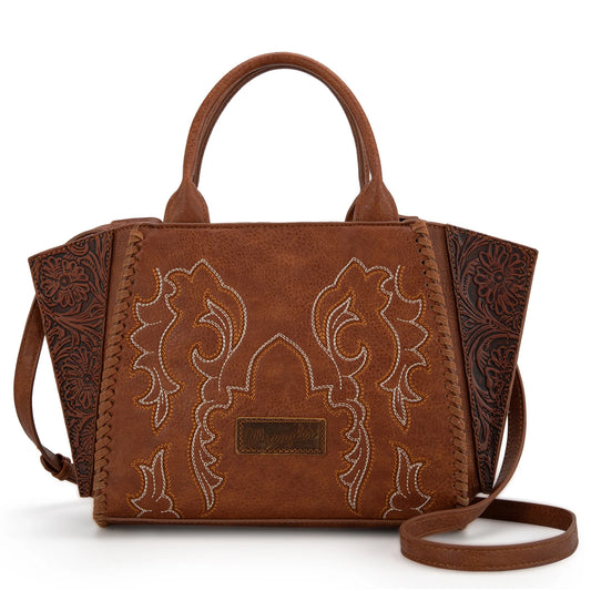 Brown leather handbag with intricate patterns on a white background
